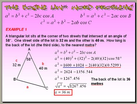 The Law of Cosines incorporates the Pythagorean Theorem with an escape hatch for triangles without a right angle (the -2bccos(theta) half of the expression) Figure out math equation For those who struggle with math, equations can seem like an impossible task. . Law of sine and cosine word problems